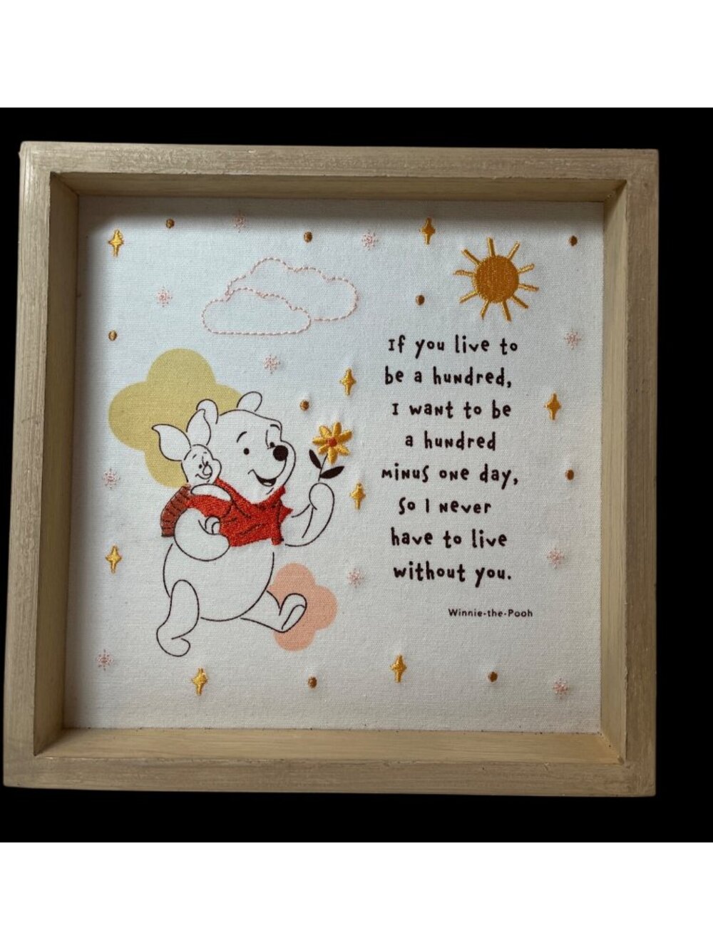 Disney Winnie The Pooh Wall Art With Embroidered Quote & Wooden Frame 10” by 10”